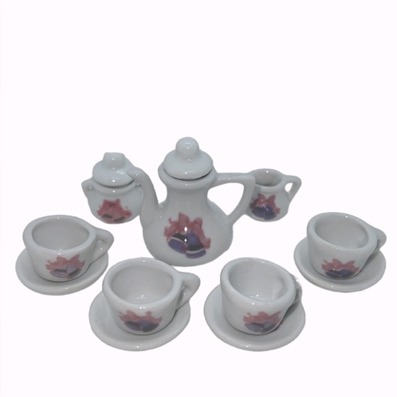 Other - VINTAGE MINIATURE CERAMIC TEA SET BELLS AND RIBBONS